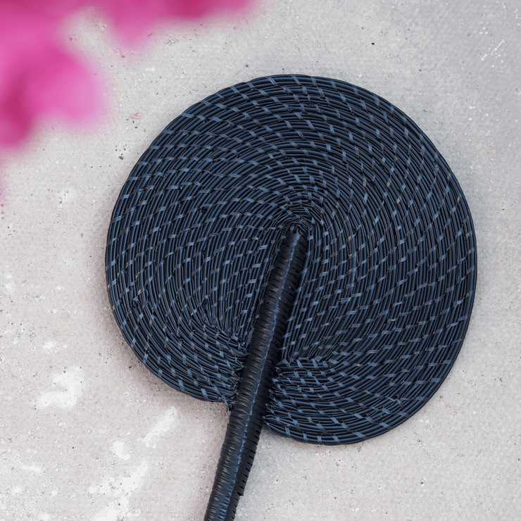 La Basketry handwoven fan in black - woven with recycled plastic strips 