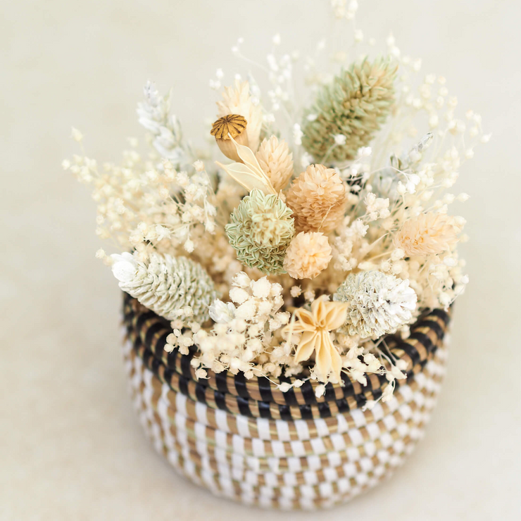 Handwoven La Basketry mini basket in black, white and natural with dried flowers inside set on a stone background.