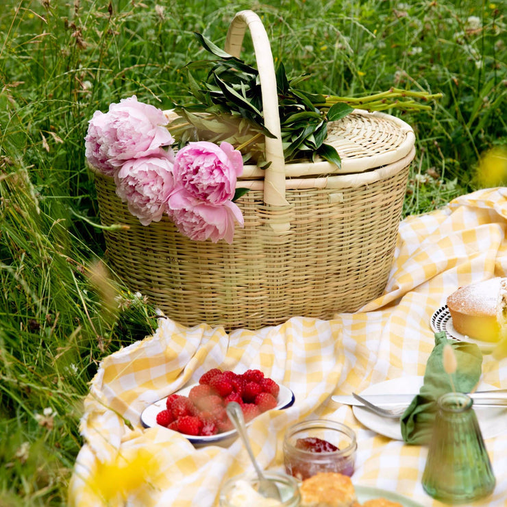 La Basketry natural Woven Picnic Basket Afternoon Tea Scene with Peonies, scones and raspberries 